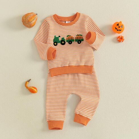 Toddler Baby Boy Girl Halloween Outfit Pumpkin Ghost Embroidery Striped Waffle Sweatshirt and Pants Set Fall Clothes in Saudi Arabia