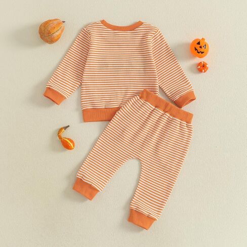 Toddler Baby Boy Girl Halloween Outfit Pumpkin Ghost Embroidery Striped Waffle Sweatshirt and Pants Set Fall Clothes in Saudi Arabia