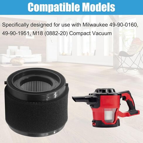 MZY LLC 16PCS 49-90-1951 Vacuum Filters for Milwaukee 49-90-0160, Fit for Milwaukee 0882-20 M18 Compact Vacuum, 5 Hepa Filter+10 Foam Sleeve+1 Brush in Kuwait