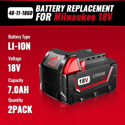 2-Pack 18V 7.0Ah Replacement for Milwaukee 18V Battery and Charger(red) Combo Compatible with Milwaukee Battery 48-11-1865 48-11-1850 48-11-1862 Cordless Power Tools in Saudi Arabia