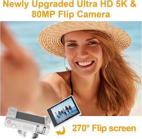 كاميرا رقمية بدقة 5K UHD للتصوير الفوتوغرافي، كاميرا تسجيل فيديو بدقة 80 ميجابكسل ذات التركيز التلقائي لليوتيوب، شاشة قلاب 3 بوصات 270 درجة، كاميرا سيلفي بعدسة مزدوجة مع تكبير رقمي 18x، بطاقة SD سعة 64 جيجابايت، بطاريتان وشاحن، أبيض in Kuwait