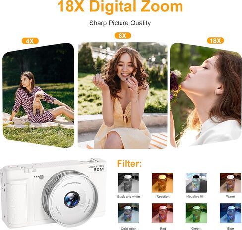 كاميرا رقمية بدقة 5K UHD للتصوير الفوتوغرافي، كاميرا تسجيل فيديو بدقة 80 ميجابكسل ذات التركيز التلقائي لليوتيوب، شاشة قلاب 3 بوصات 270 درجة، كاميرا سيلفي بعدسة مزدوجة مع تكبير رقمي 18x، بطاقة SD سعة 64 جيجابايت، بطاريتان وشاحن، أبيض in Kuwait