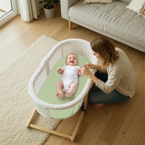 Muslin Bassinet Sheets Waterproof Baby Bassinet Mattress Sheets 2 Pack Thickened Ultra Soft Fitted Crib Cover 33" x 17" for Oval Cradle, Rectangular Mattress Pad, Green in Saudi Arabia