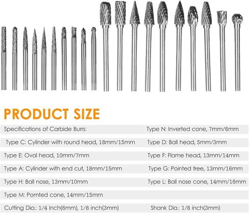 Die Grinder, 20pcs 1/8inch Tool Accessories Die Grinder Bits with Different Types for Metalwork, Toolmaking, Engineering, Wood Carving in Saudi Arabia