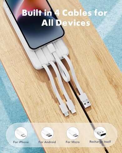 charmast Portable Charger with Built-in Cables X 4, Portable Phone Charger | 10000mAh USB C Battery Pack for All Phones Tablets,Cables Reinforced,Charge 6 Devices at Once,for Women Teens Students in Saudi Arabia