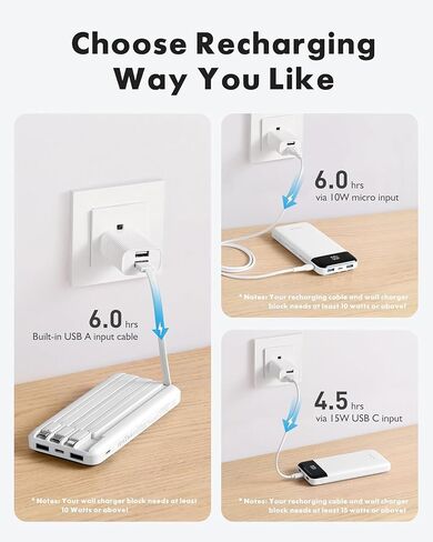 charmast Portable Charger with Built-in Cables X 4, Portable Phone Charger | 10000mAh USB C Battery Pack for All Phones Tablets,Cables Reinforced,Charge 6 Devices at Once,for Women Teens Students in Saudi Arabia