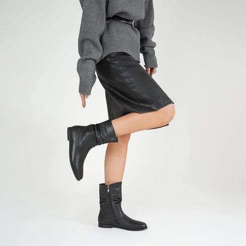 أحذية طويلة للكاحل باللون الأسود للنساء أحذية واسعة الساق للنساء بكعب منخفض وسحاب متوسط ​​الساق in Kuwait