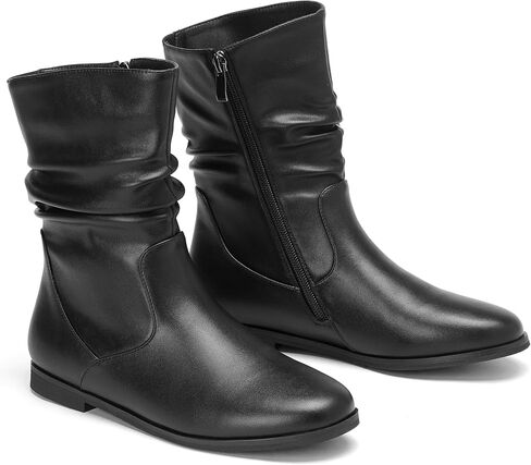 أحذية طويلة للكاحل باللون الأسود للنساء أحذية واسعة الساق للنساء بكعب منخفض وسحاب متوسط ​​الساق in Kuwait