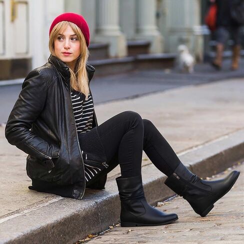 أحذية طويلة للكاحل باللون الأسود للنساء أحذية واسعة الساق للنساء بكعب منخفض وسحاب متوسط ​​الساق in Kuwait