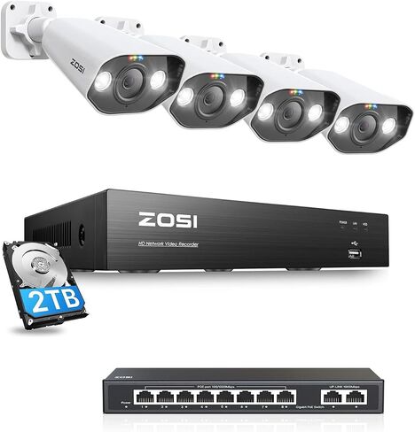 نظام كاميرا أمان ZOSI 5MP 8CH PoE مع مفتاح 8 منافذ جيجابت PoE | 4 قطع من كاميرات IP الخارجية، و2 تيرابايت HDD NVR، والكشف الذكي عن الإنسان/المركبة، وصوت ثنائي الاتجاه، ورؤية ليلية ملونة. in Kuwait