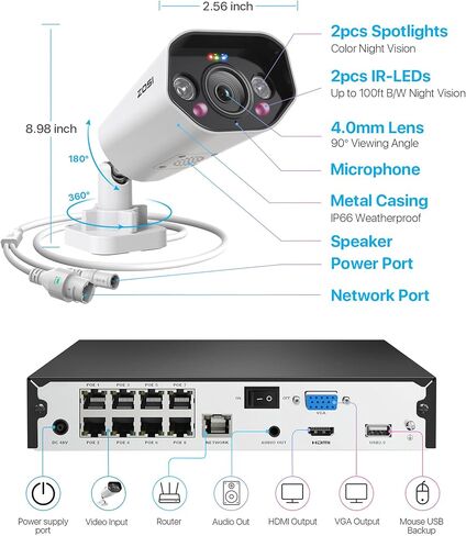 نظام كاميرا أمان ZOSI 5MP 8CH PoE مع مفتاح 8 منافذ جيجابت PoE | 4 قطع من كاميرات IP الخارجية، و2 تيرابايت HDD NVR، والكشف الذكي عن الإنسان/المركبة، وصوت ثنائي الاتجاه، ورؤية ليلية ملونة. in Kuwait