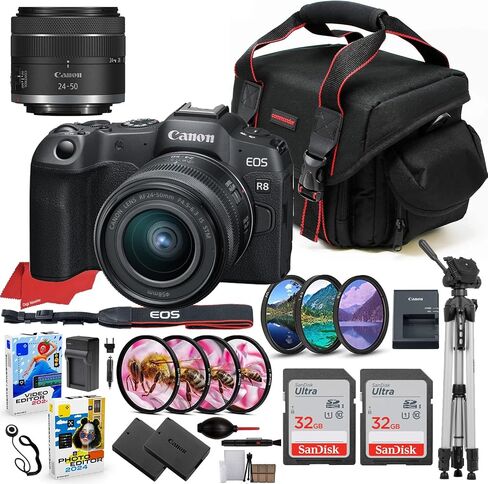 Canon EOS R8 Mirrorless Camera with 24-50mm Lens Bundle + Prime Accessory Package Including 64 GB Memory, Filters, Macro Close Ups, Tripod, Case, Software & More (30 Items) (Renewed) in Saudi Arabia