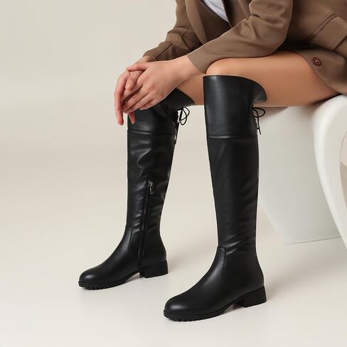 إمرأة أحذية عالية في الركبة جولة اصبع القدم منصة كتلة مكتنزة كعب أحذية للنساء مريحة كعب منخفض الجانب سستة المرأة ركوب أحذية طويلة in Kuwait