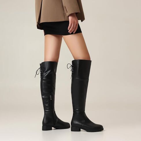 إمرأة أحذية عالية في الركبة جولة اصبع القدم منصة كتلة مكتنزة كعب أحذية للنساء مريحة كعب منخفض الجانب سستة المرأة ركوب أحذية طويلة in Kuwait