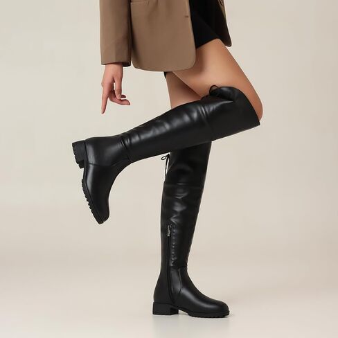 إمرأة أحذية عالية في الركبة جولة اصبع القدم منصة كتلة مكتنزة كعب أحذية للنساء مريحة كعب منخفض الجانب سستة المرأة ركوب أحذية طويلة in Kuwait