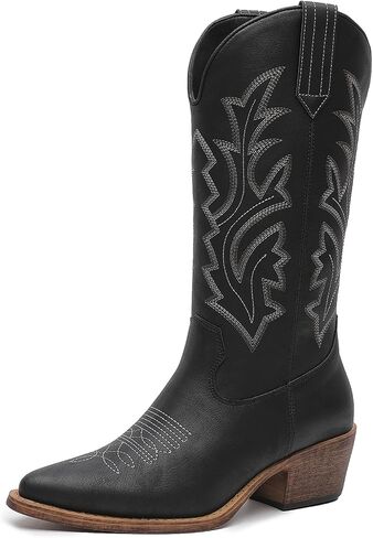 GLOBALWIN Women's Mid Calf Western Cowboy Boots Cowgirl Boots for Women with Floral Embroidery Side Zipper Chunky Heel in Saudi Arabia