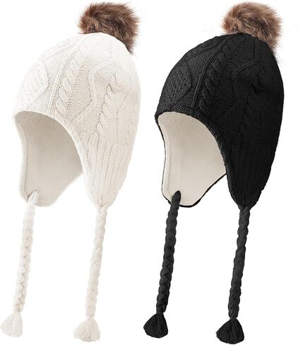 Mepase 2 Pcs Knit Hat for Girls with Ear Flaps Fleece Lining Toddler Warm Baby Caps for 2-3t, 4-5t in Saudi Arabia