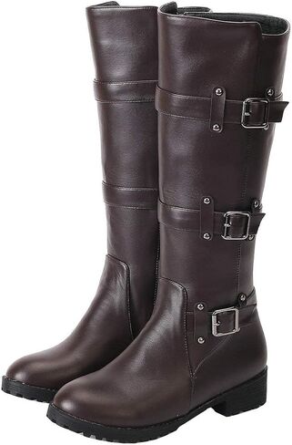 أحذية MAVMAX النسائية بسحاب للركبة أحذية عالية بمقدمة مستديرة للدراجات النارية أحذية بكعب منخفض مكتنز لراكبي الدراجات النارية بإبزيم طويل لركوب الخيل in Kuwait