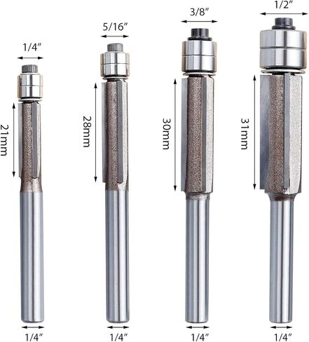 4 Pcs 1/4 Inch Shank Flush Trim Router Bits Set, Double Top Bearing Carbide 3-Flute Straight Router Bit with Cutting Diameters of 1/4", 5/16", 3/8", 1/2" for MDF, Hardwood, Plywood in Saudi Arabia