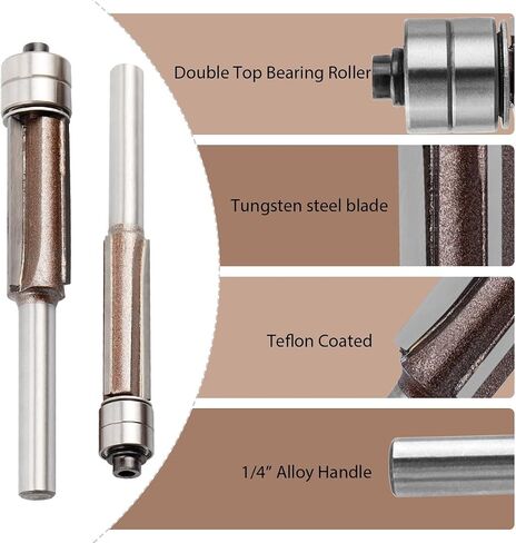 4 Pcs 1/4 Inch Shank Flush Trim Router Bits Set, Double Top Bearing Carbide 3-Flute Straight Router Bit with Cutting Diameters of 1/4", 5/16", 3/8", 1/2" for MDF, Hardwood, Plywood in Saudi Arabia