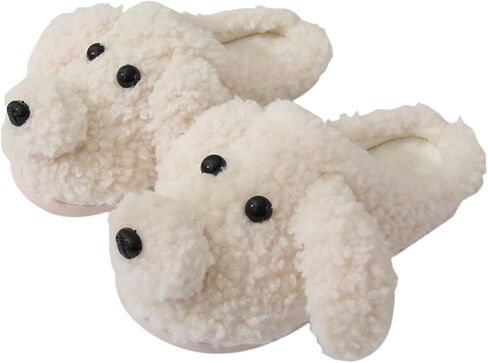 Plush Cute Indoor/Outdoor Slippers - Teddy Dog Style, Non-Slip Sole, Washable - Girls' Spring/Autumn/Winter (Khaki, Size 5-6.5) in Saudi Arabia