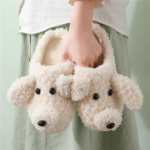 Plush Cute Indoor/Outdoor Slippers - Teddy Dog Style, Non-Slip Sole, Washable - Girls' Spring/Autumn/Winter (Khaki, Size 5-6.5) in Saudi Arabia