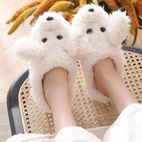 Plush Cute Indoor/Outdoor Slippers - Teddy Dog Style, Non-Slip Sole, Washable - Girls' Spring/Autumn/Winter (Khaki, Size 5-6.5) in Saudi Arabia