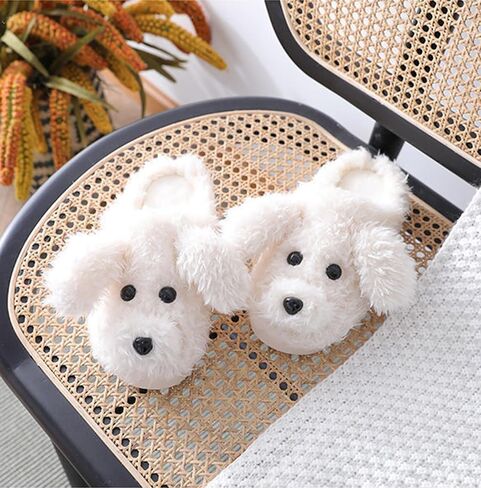 Plush Cute Indoor/Outdoor Slippers - Teddy Dog Style, Non-Slip Sole, Washable - Girls' Spring/Autumn/Winter (Khaki, Size 5-6.5) in Saudi Arabia