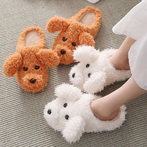 Plush Cute Indoor/Outdoor Slippers - Teddy Dog Style, Non-Slip Sole, Washable - Girls' Spring/Autumn/Winter (Khaki, Size 5-6.5) in Saudi Arabia