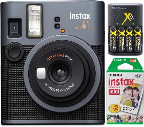 Fujifilm 16844408 Instax Mini 41 Instant Film Camera, Auto Exposure, Ultra Compact Bundle with Instax Mini Twin Pack Instant Daylight Film (20 Shots) and 4X Rechargeable AA Batteries with Charger in Saudi Arabia