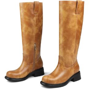 COLETER المرأة حذاء برقبة للركبة كتلة مكتنزة كعب منخفض إصبع مربع الجانب سستة أحذية طويلة الراحة الخريف الشتاء أحذية طويلة in Kuwait