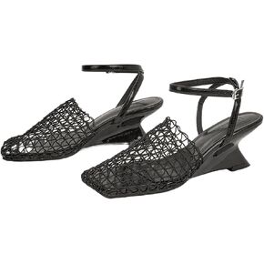 Womens Fishnet Wedge Sandals Closed Suqare Toe Block Heel Breathable Braid Mesh Slingback Pumps With Adjustable Ankle Buckle For Summer Beach Casual Dressy in Saudi Arabia