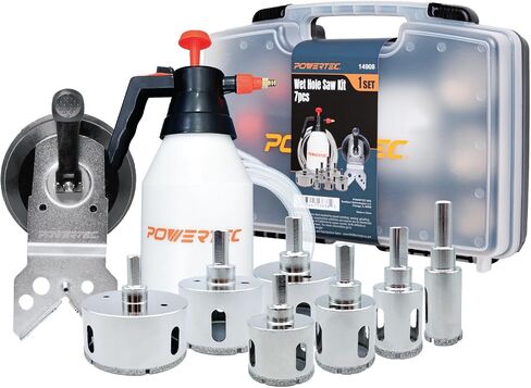 POWERTEC Wet Diamond Hole Saw Kit – 7-Piece Set with Suction Mount Drill Guide, Water Tank & Hose for Wet Drilling in Tile, Porcelain, Granite, Marble, Glass & Ceramics (14908) in Saudi Arabia