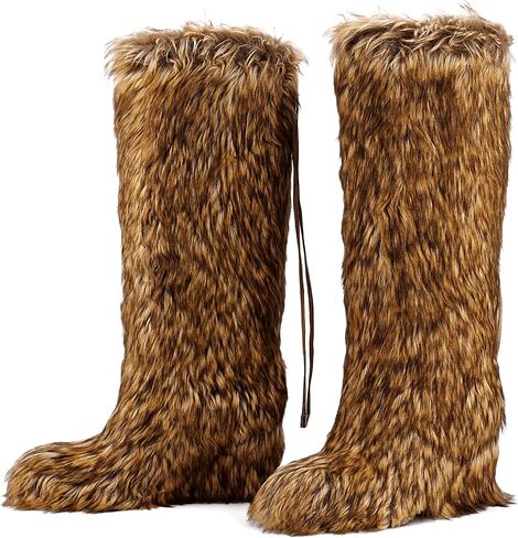 Womens Faux Fur Boot Winter Fluffy Comfy Long Furry Outdoor High-heeled Fuzzy shoes Knee-High Boots in Saudi Arabia