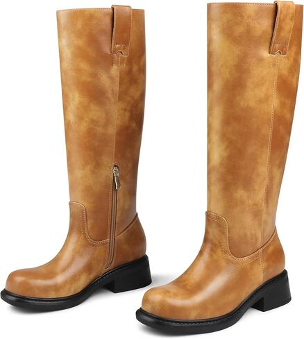 COLETER المرأة حذاء برقبة للركبة كتلة مكتنزة كعب منخفض إصبع مربع الجانب سستة أحذية طويلة الراحة الخريف الشتاء أحذية طويلة in Kuwait