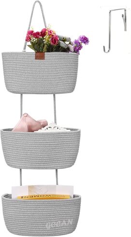 سلال تخزين معلقة فوق سلة معلقة على الباب، منظم تعليق منسوج من الحبال القطنية بثلاث طبقات، سلال معلقة مزخرفة قابلة للفصل لحائط غرفة المعيشة والحمام وغرفة النوم (رمادي) in Kuwait