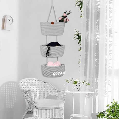 سلال تخزين معلقة فوق سلة معلقة على الباب، منظم تعليق منسوج من الحبال القطنية بثلاث طبقات، سلال معلقة مزخرفة قابلة للفصل لحائط غرفة المعيشة والحمام وغرفة النوم (رمادي) in Kuwait