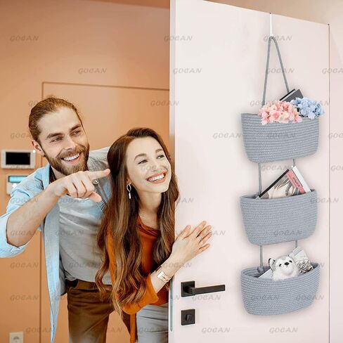 سلال تخزين معلقة فوق سلة معلقة على الباب، منظم تعليق منسوج من الحبال القطنية بثلاث طبقات، سلال معلقة مزخرفة قابلة للفصل لحائط غرفة المعيشة والحمام وغرفة النوم (رمادي) in Kuwait