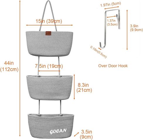سلال تخزين معلقة فوق سلة معلقة على الباب، منظم تعليق منسوج من الحبال القطنية بثلاث طبقات، سلال معلقة مزخرفة قابلة للفصل لحائط غرفة المعيشة والحمام وغرفة النوم (رمادي) in Kuwait