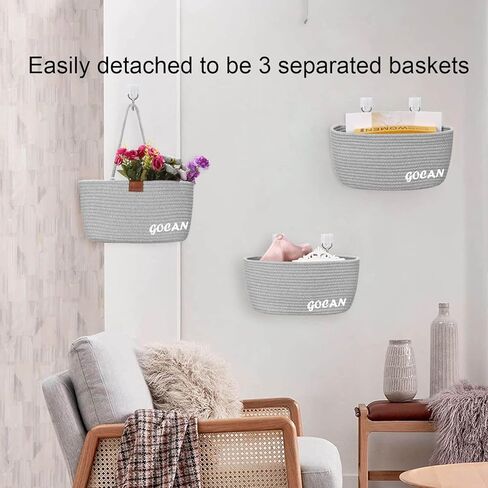 سلال تخزين معلقة فوق سلة معلقة على الباب، منظم تعليق منسوج من الحبال القطنية بثلاث طبقات، سلال معلقة مزخرفة قابلة للفصل لحائط غرفة المعيشة والحمام وغرفة النوم (رمادي) in Kuwait