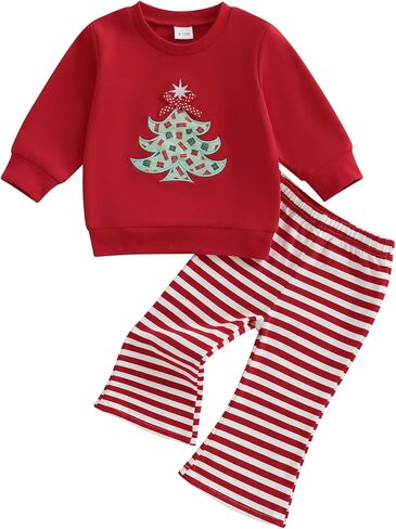طفل رضيع طفلة عيد الميلاد الزي شجرة عيد الميلاد التطريز Crewneck البلوز الأعلى مخطط مضيئة السراويل مجموعة in Kuwait