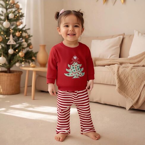 طفل رضيع طفلة عيد الميلاد الزي شجرة عيد الميلاد التطريز Crewneck البلوز الأعلى مخطط مضيئة السراويل مجموعة in Kuwait
