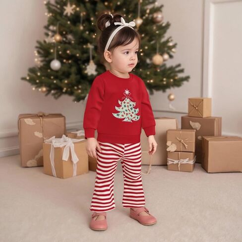 طفل رضيع طفلة عيد الميلاد الزي شجرة عيد الميلاد التطريز Crewneck البلوز الأعلى مخطط مضيئة السراويل مجموعة in Kuwait