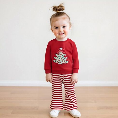 طفل رضيع طفلة عيد الميلاد الزي شجرة عيد الميلاد التطريز Crewneck البلوز الأعلى مخطط مضيئة السراويل مجموعة in Kuwait