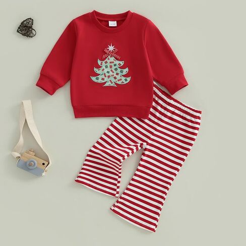 طفل رضيع طفلة عيد الميلاد الزي شجرة عيد الميلاد التطريز Crewneck البلوز الأعلى مخطط مضيئة السراويل مجموعة in Kuwait