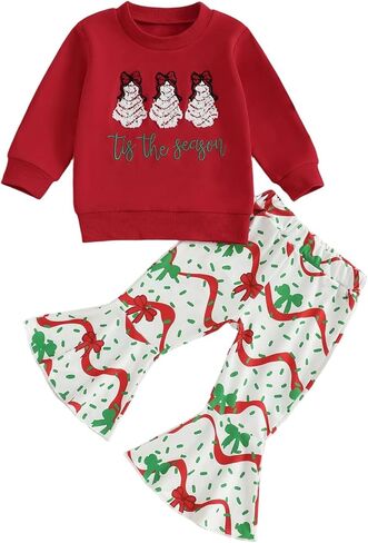 طفل رضيع طفلة عيد الميلاد الزي شجرة عيد الميلاد التطريز Crewneck البلوز الأعلى مخطط مضيئة السراويل مجموعة in Kuwait