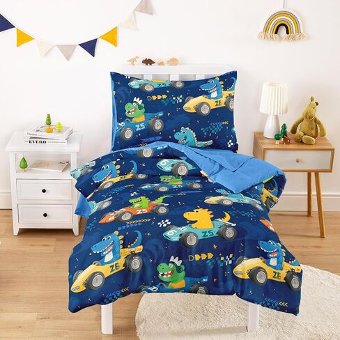 Wake In Cloud - Dinosaur Toddler Bedding Set for Boys, Colorful Dino Race Car, 4 Pieces Soft Crib Bed Set Including Comforter, Sheets and Pillowcase, Navy Blue in Saudi Arabia
