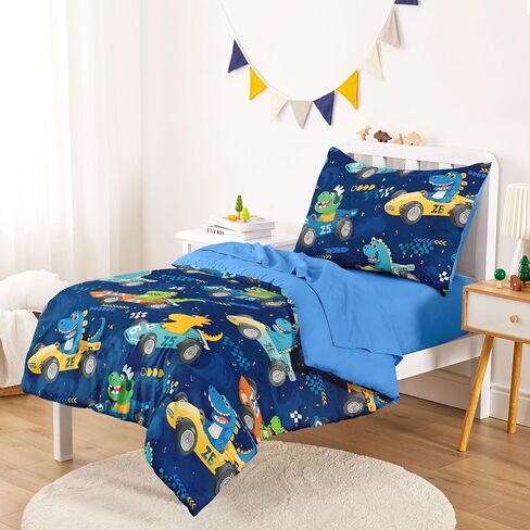 Wake In Cloud - Dinosaur Toddler Bedding Set for Boys, Colorful Dino Race Car, 4 Pieces Soft Crib Bed Set Including Comforter, Sheets and Pillowcase, Navy Blue in Saudi Arabia