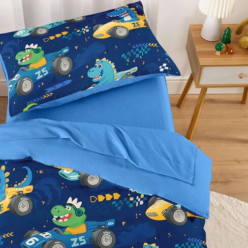 Wake In Cloud - Dinosaur Toddler Bedding Set for Boys, Colorful Dino Race Car, 4 Pieces Soft Crib Bed Set Including Comforter, Sheets and Pillowcase, Navy Blue in Saudi Arabia