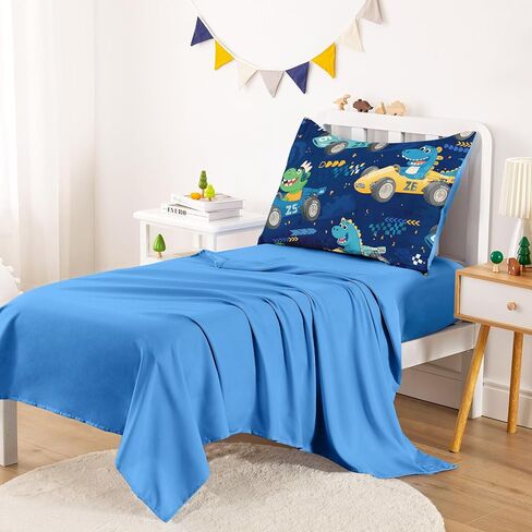 Wake In Cloud - Dinosaur Toddler Bedding Set for Boys, Colorful Dino Race Car, 4 Pieces Soft Crib Bed Set Including Comforter, Sheets and Pillowcase, Navy Blue in Saudi Arabia